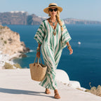 Robe caftan longue en coton et lin à rayures pour femme