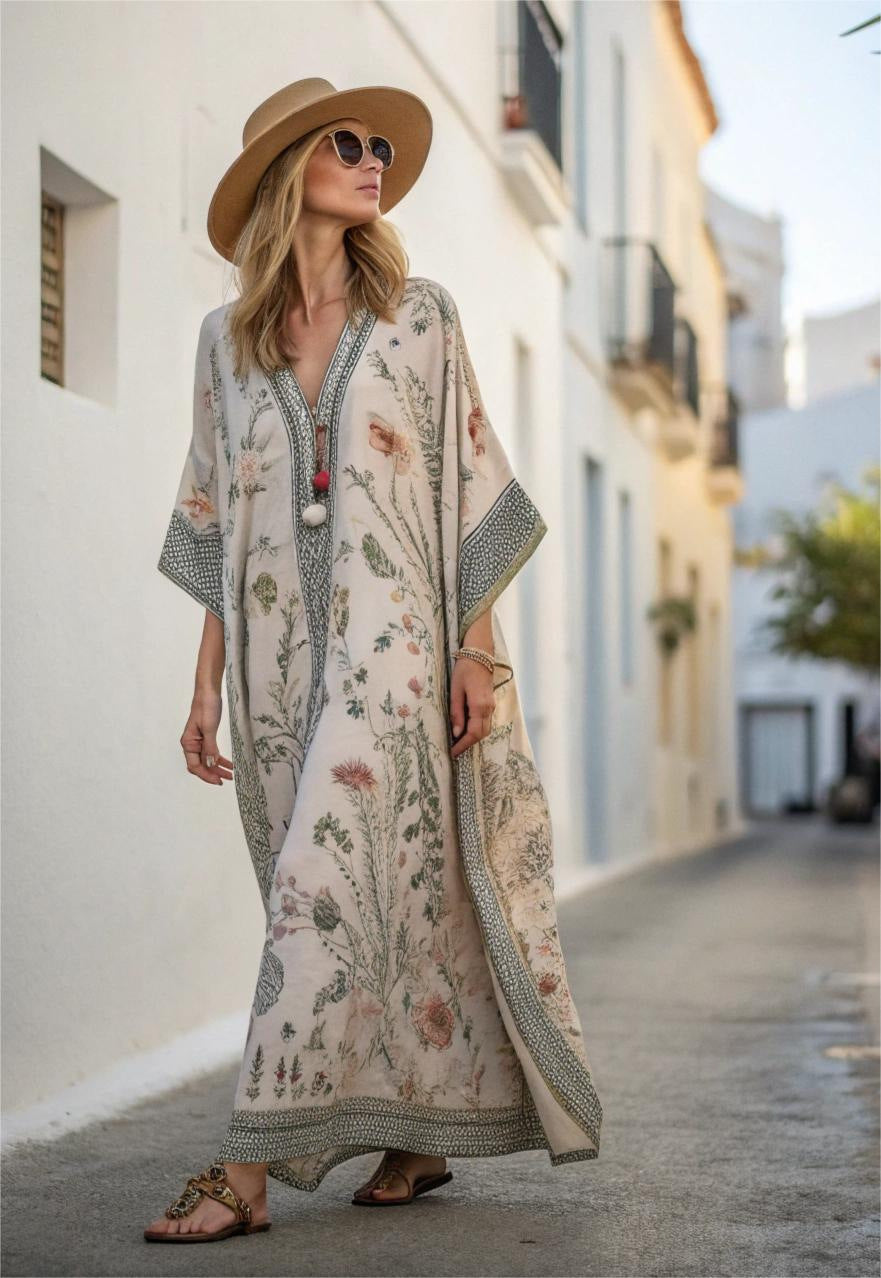 Robe caftan maxi à imprimé bohème et encolure en V pour femme