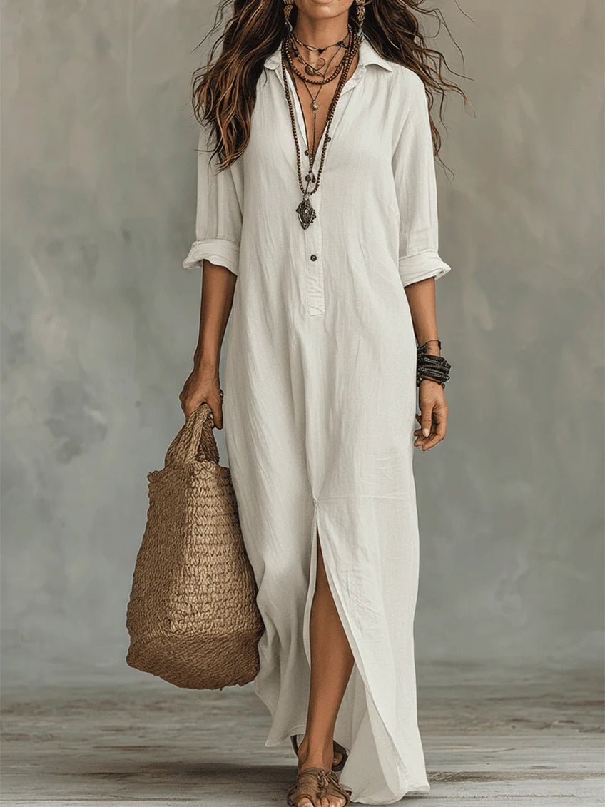Robe longue à col V et fentes latérales pour femme