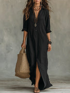 Robe longue à col V et fentes latérales pour femme