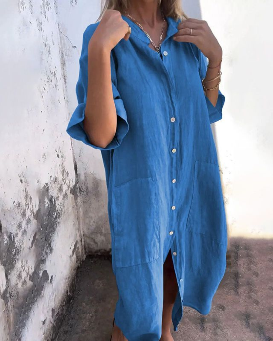 Robe chemise longue ample en lin à boutons pour femme