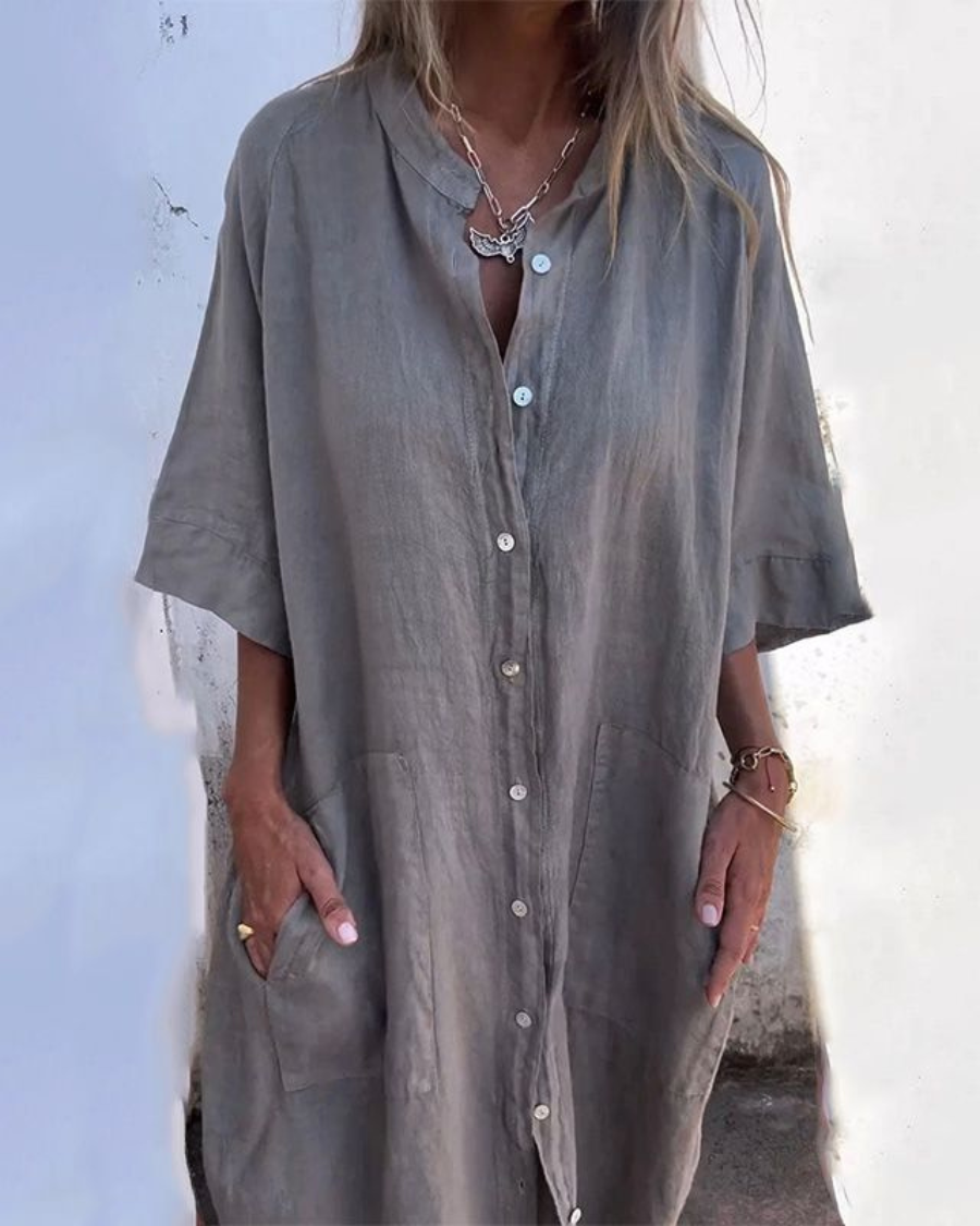 Robe chemise longue ample en lin à boutons pour femme