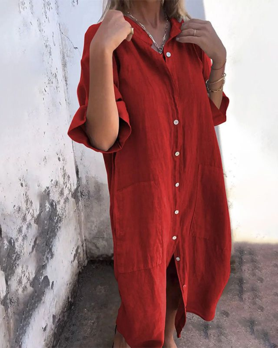 Robe chemise longue ample en lin à boutons pour femme