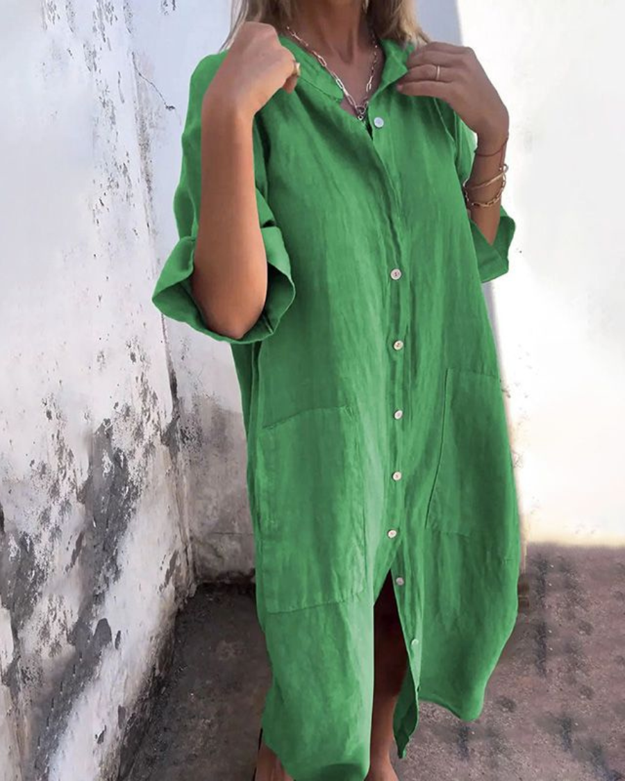 Robe chemise longue ample en lin à boutons pour femme