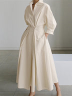 Robe chemise longue beige ceinturée coupe ample pour femme