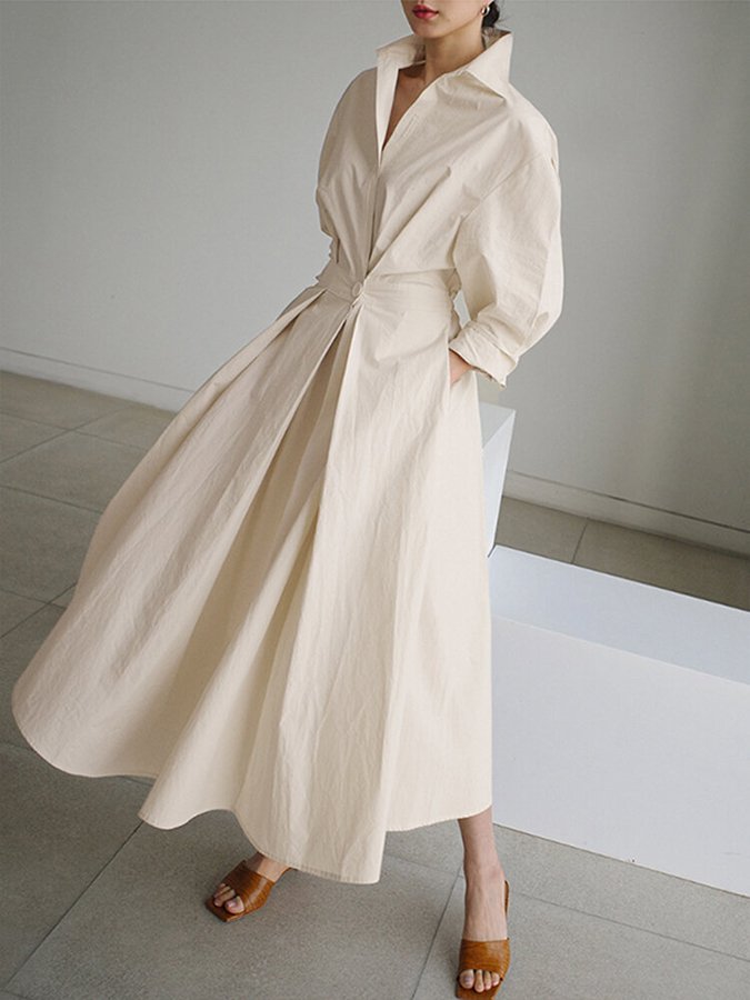 Robe chemise longue beige ceinturée coupe ample pour femme