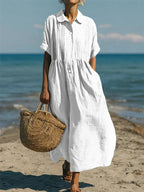 Robe chemise longue en coton à plis pour femme