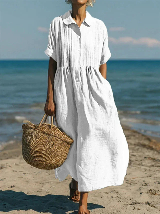 Robe chemise longue en coton à plis pour femme