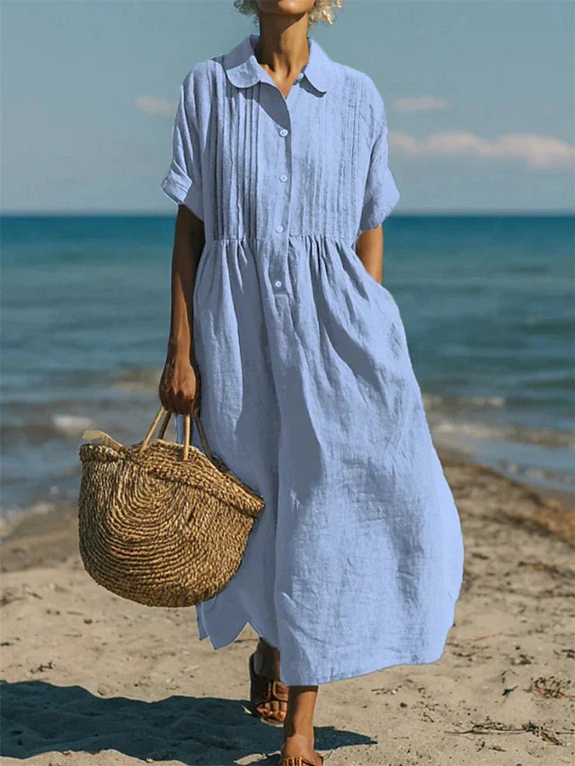 Robe chemise longue en coton à plis pour femme