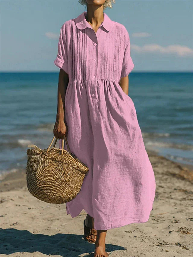 Robe chemise longue en coton à plis pour femme