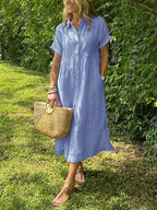 Robe longue chemise rayée à col boutonné