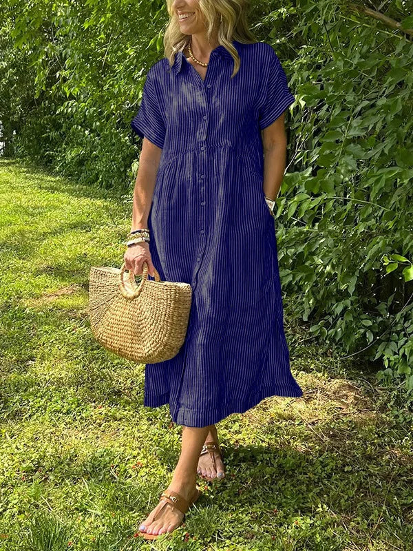 Robe longue chemise rayée à col boutonné