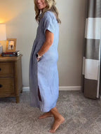 Robe longue chemise rayée à col boutonné