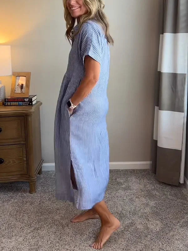 Robe longue chemise rayée à col boutonné