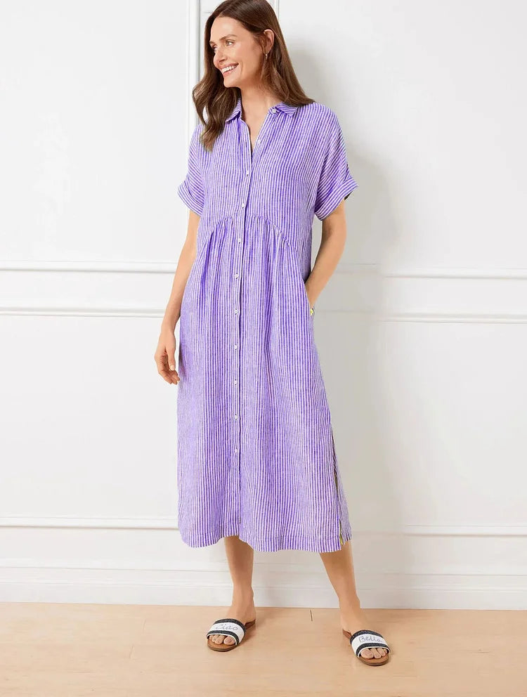 Robe longue chemise rayée à col boutonné
