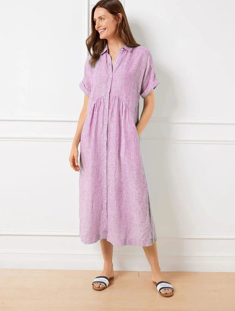 Robe longue chemise rayée à col boutonné