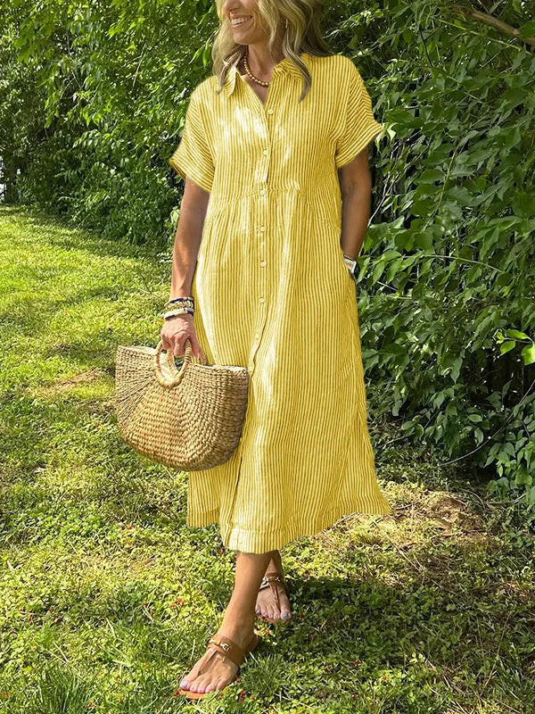 Robe longue chemise rayée à col boutonné