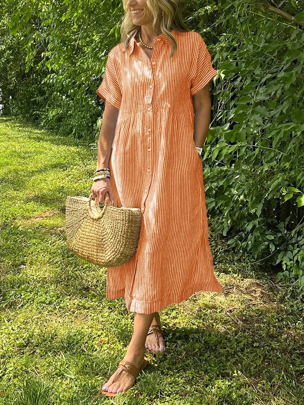 Robe longue chemise rayée à col boutonné
