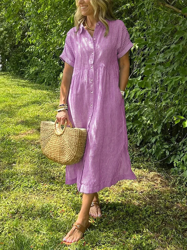 Robe longue chemise rayée à col boutonné