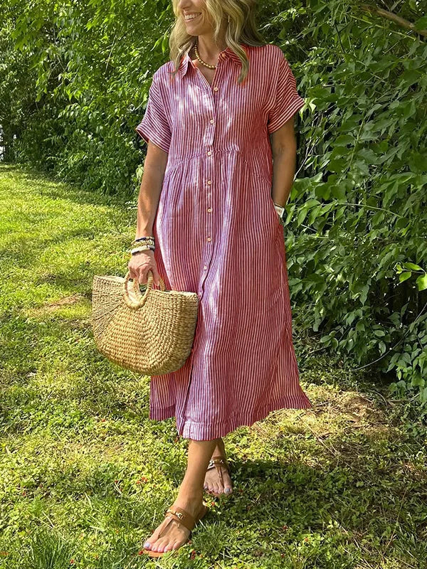 Robe longue chemise rayée à col boutonné