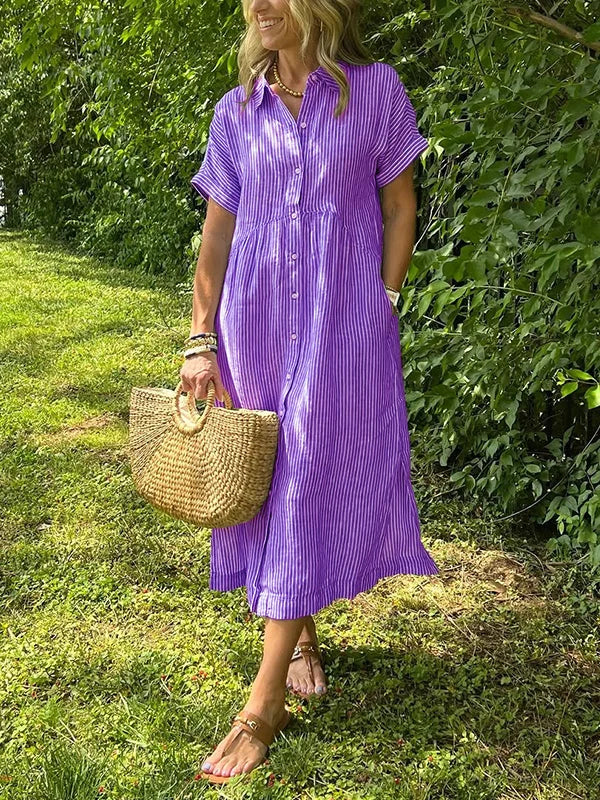 Robe longue chemise rayée à col boutonné