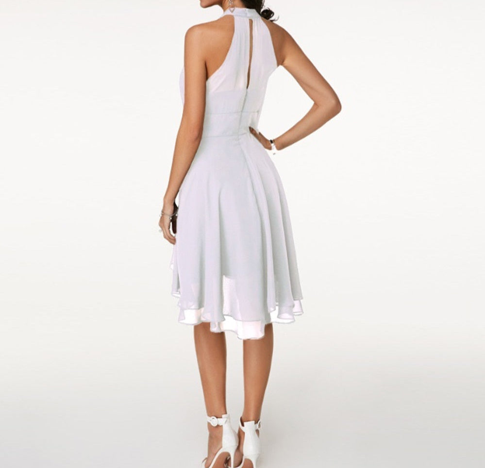 Robe cocktail col halter en mousseline à volants pour femme