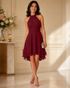 Robe cocktail col halter en mousseline à volants pour femme