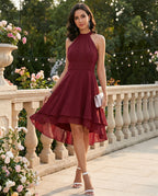 Robe cocktail col halter en mousseline à volants pour femme