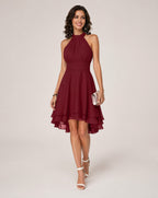 Robe cocktail col halter en mousseline à volants pour femme