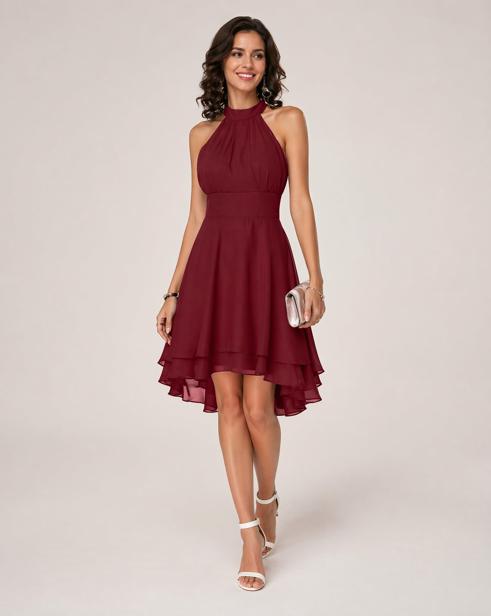 Robe cocktail col halter en mousseline à volants pour femme