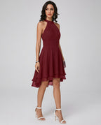Robe cocktail col halter en mousseline à volants pour femme