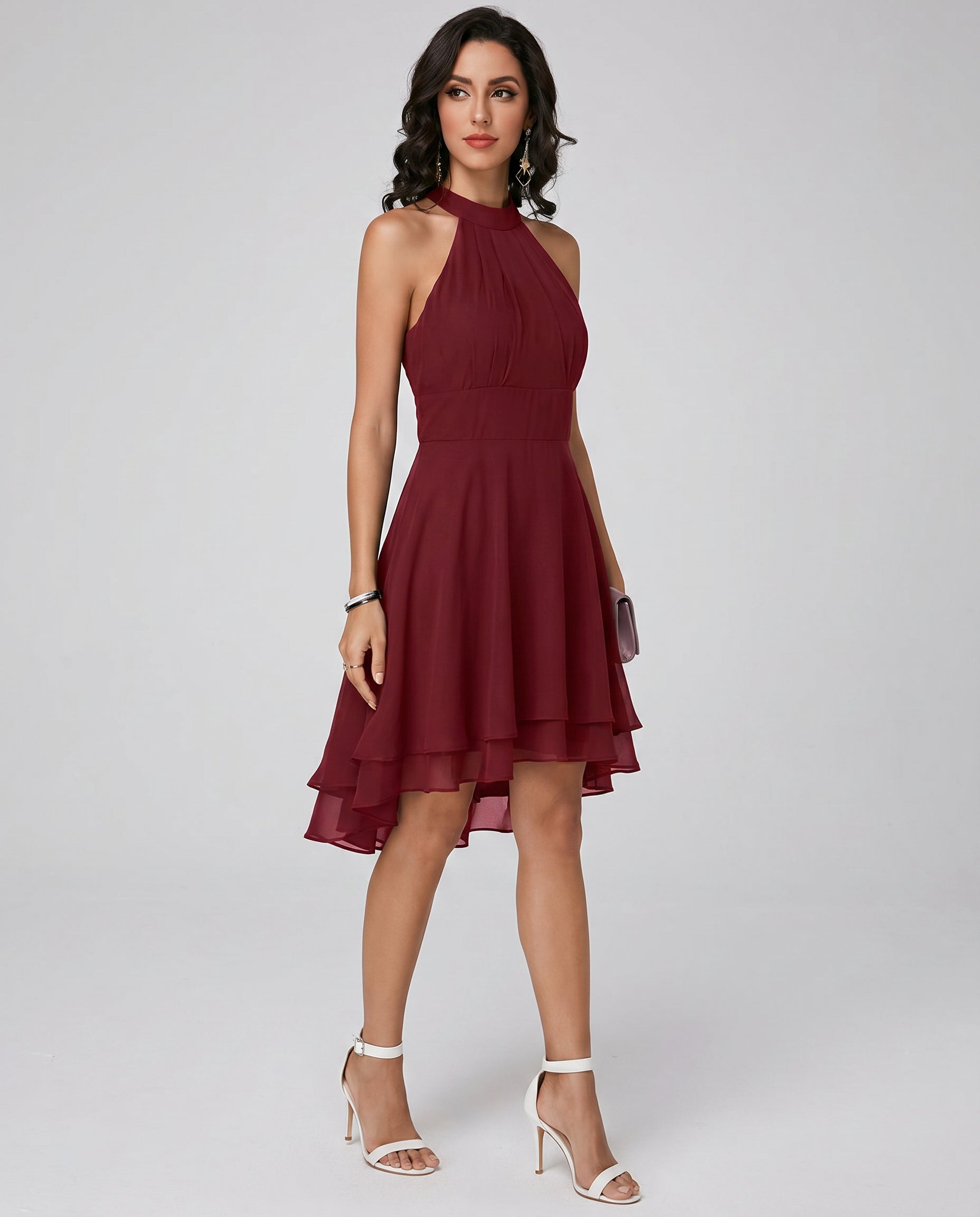 Robe cocktail col halter en mousseline à volants pour femme