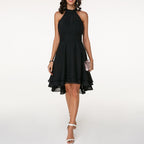Robe cocktail col halter en mousseline à volants pour femme