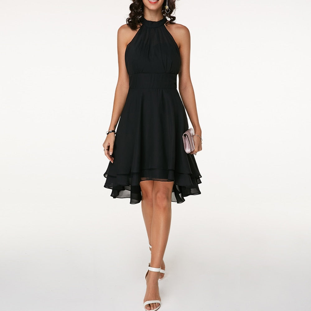 Robe cocktail col halter en mousseline à volants pour femme