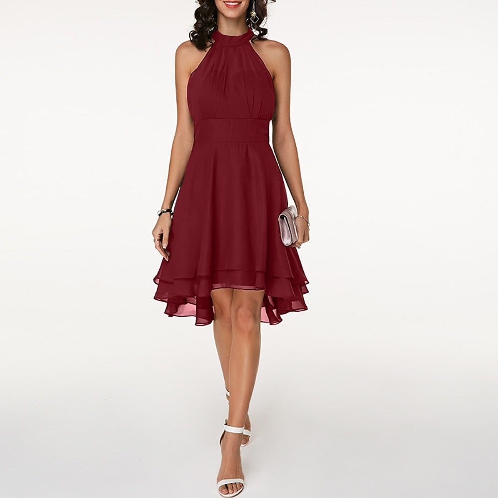 Robe cocktail col halter en mousseline à volants pour femme
