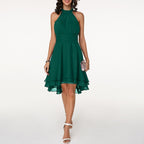 Robe cocktail col halter en mousseline à volants pour femme