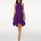 Robe cocktail col halter en mousseline à volants pour femme