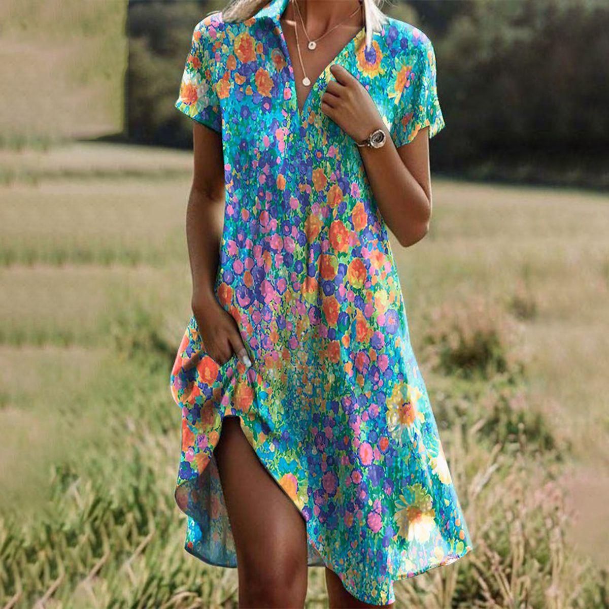 Robe mini fluide à imprimé floral et col V pour femme