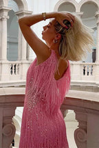 Robe courte à paillettes et franges col V pour femme