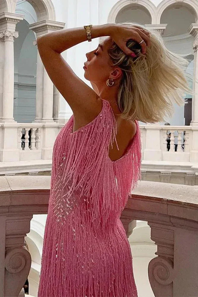Robe courte à paillettes et franges col V pour femme