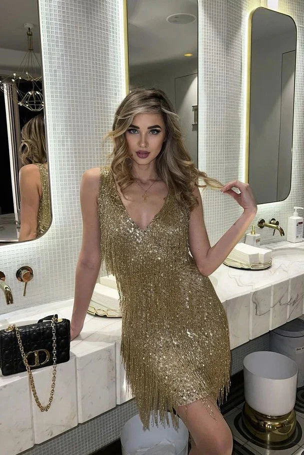 Robe courte à paillettes et franges col V pour femme