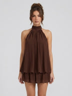 Robe courte col montant dos nu à volants étagés pour femme