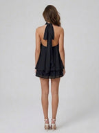 Robe courte col montant dos nu à volants étagés pour femme