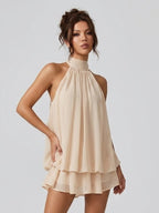 Robe courte col montant dos nu à volants étagés pour femme