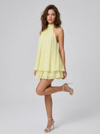 Robe courte col montant dos nu à volants étagés pour femme