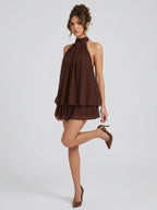 Robe courte col montant dos nu à volants étagés pour femme