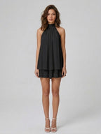 Robe courte col montant dos nu à volants étagés pour femme