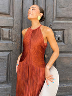 Robe longue à franges col halter pour femme