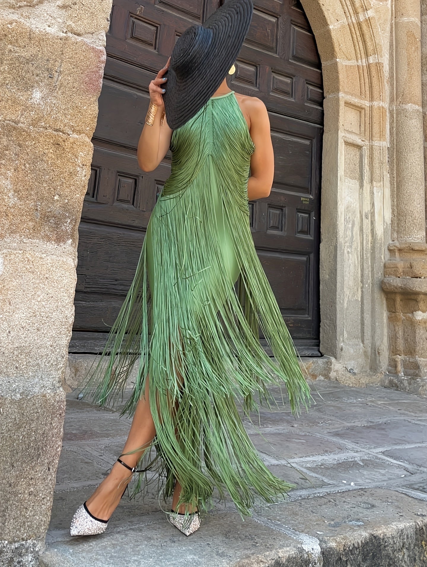 Robe longue à franges col halter pour femme – vue 3