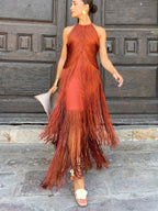 Robe longue à franges col halter orange pour femme